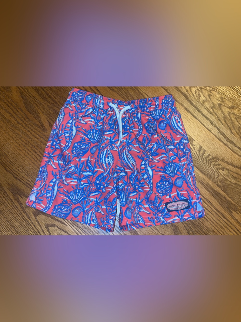 Vineyard Vines Coral Swim Trunks with Blue Seashell Print